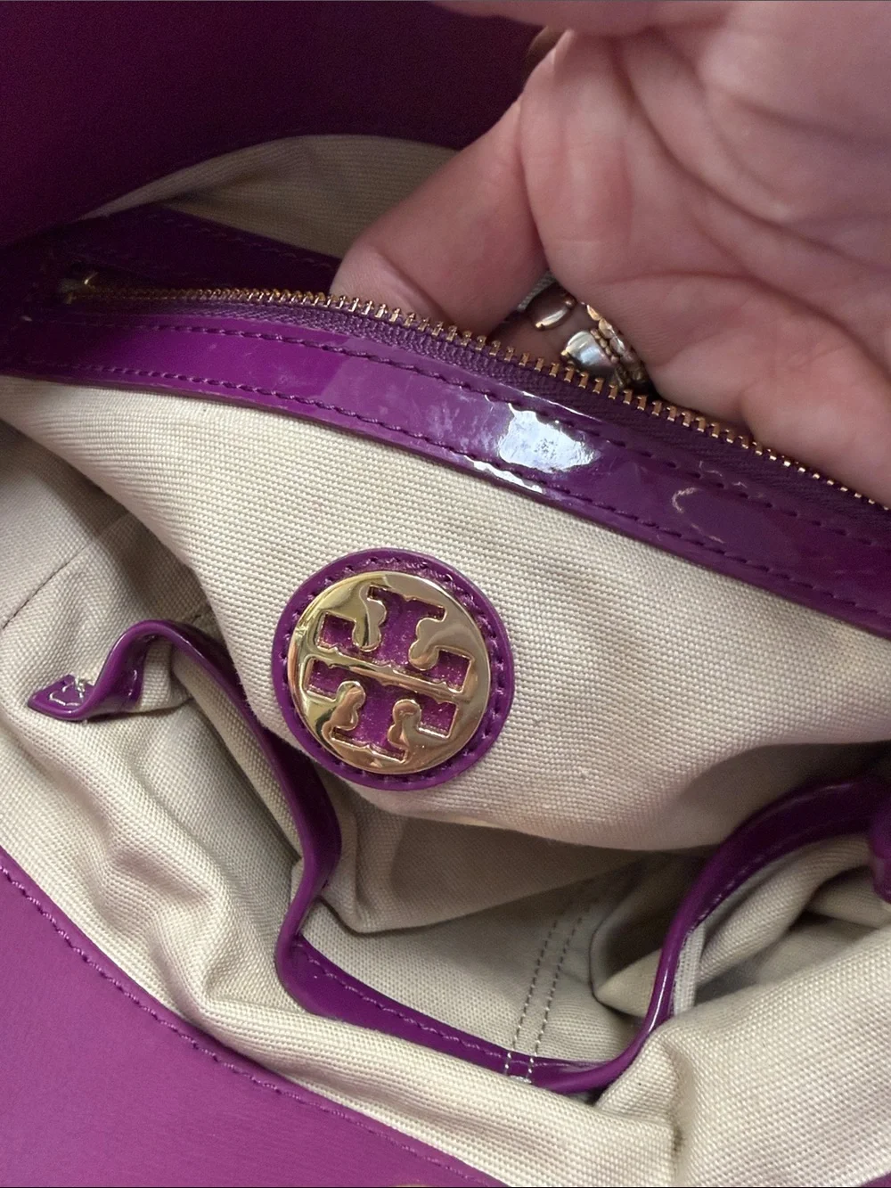 Tory Burch Fuchsia Pink Patent Leather Strap and Logo with Coated Canvas Tote